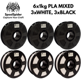 SpoolSpider 6x1kg PLA Black/White/Grey Bundle 3D Printer Filament 1.75mm