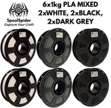 SpoolSpider 6x1kg PLA Black/White/Grey Bundle 3D Printer Filament 1.75mm
