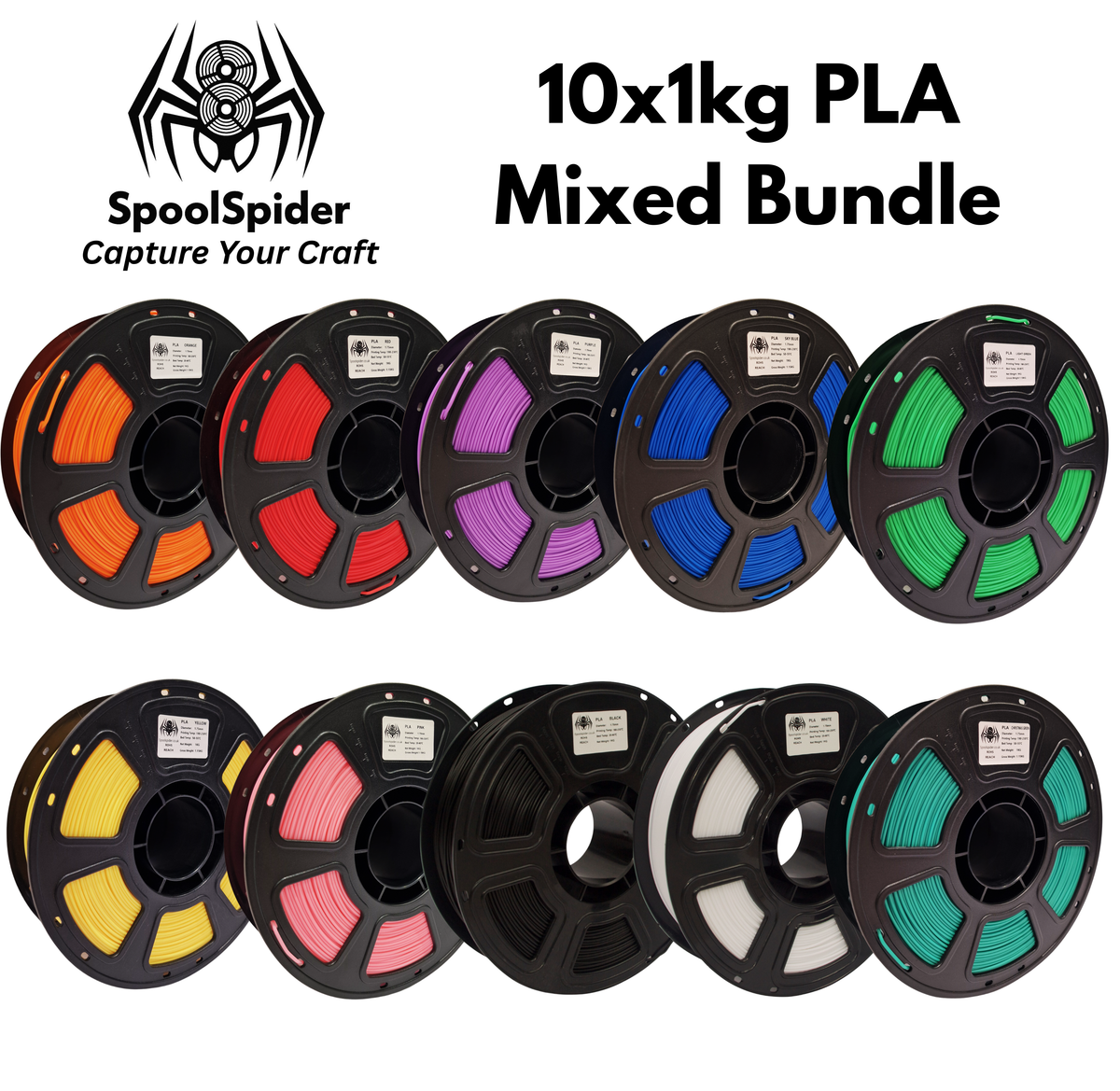 SpoolSpider 10x1kg PLA Mixed Colours Bundle 3D Printer Filament 1.75mm