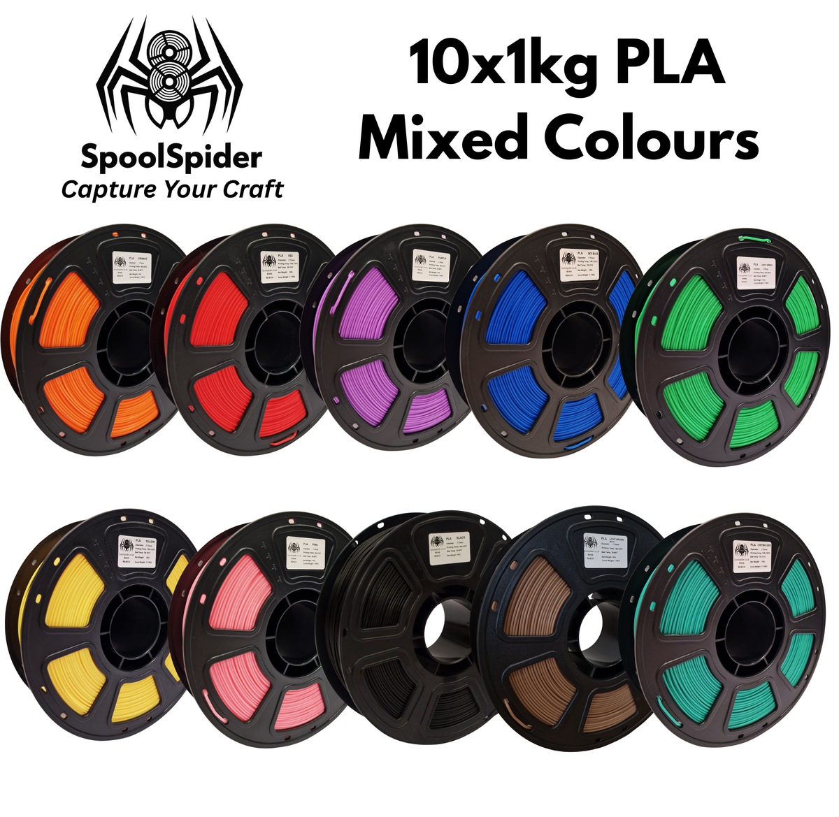 SpoolSpider 10x1kg PLA Mixed Colours Bundle 3D Printer Filament 1.75mm