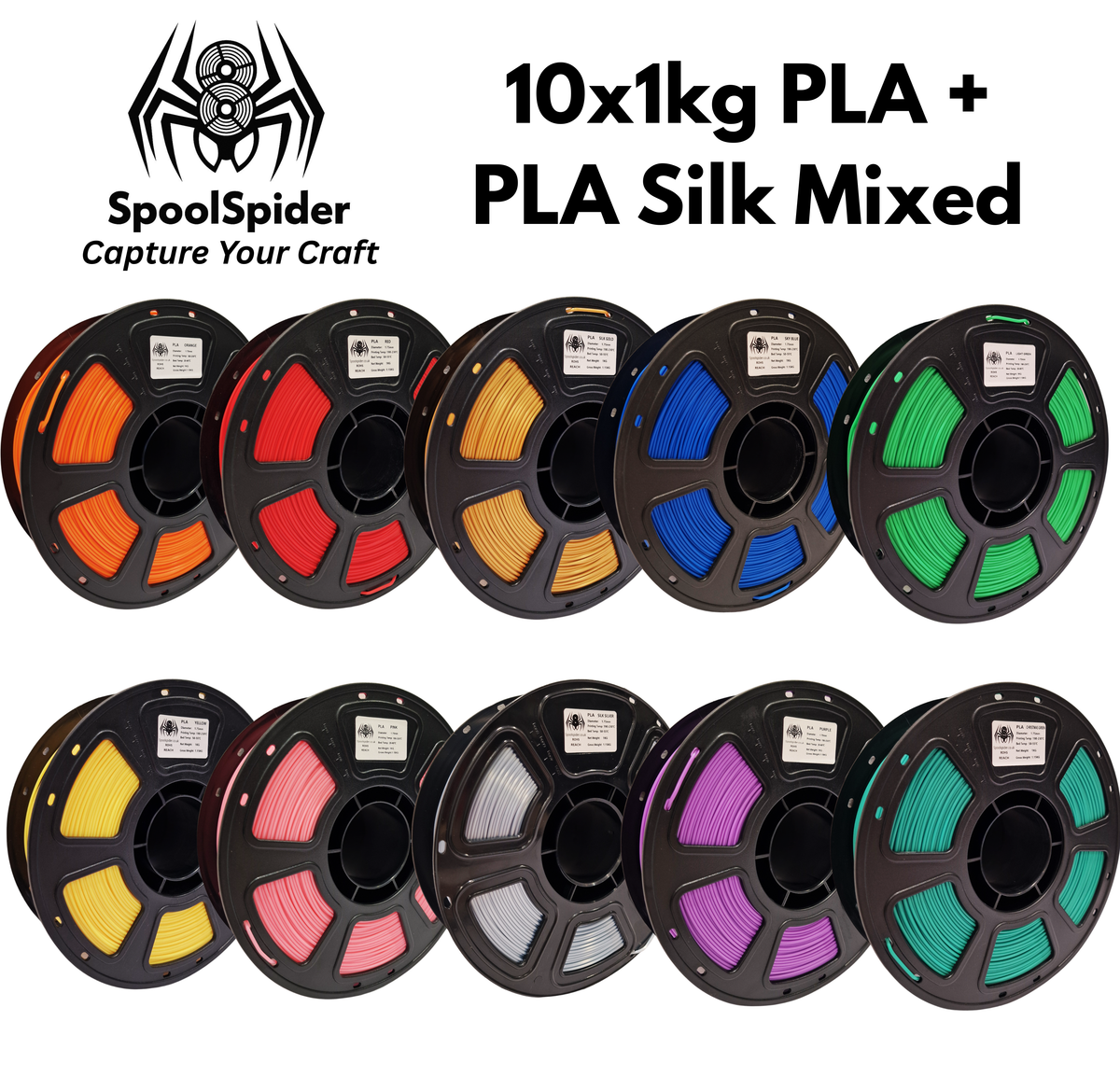 SpoolSpider 10x1kg PLA + PLA Silk Mixed Colours Bundle 3D Printer Filament 1.75mm