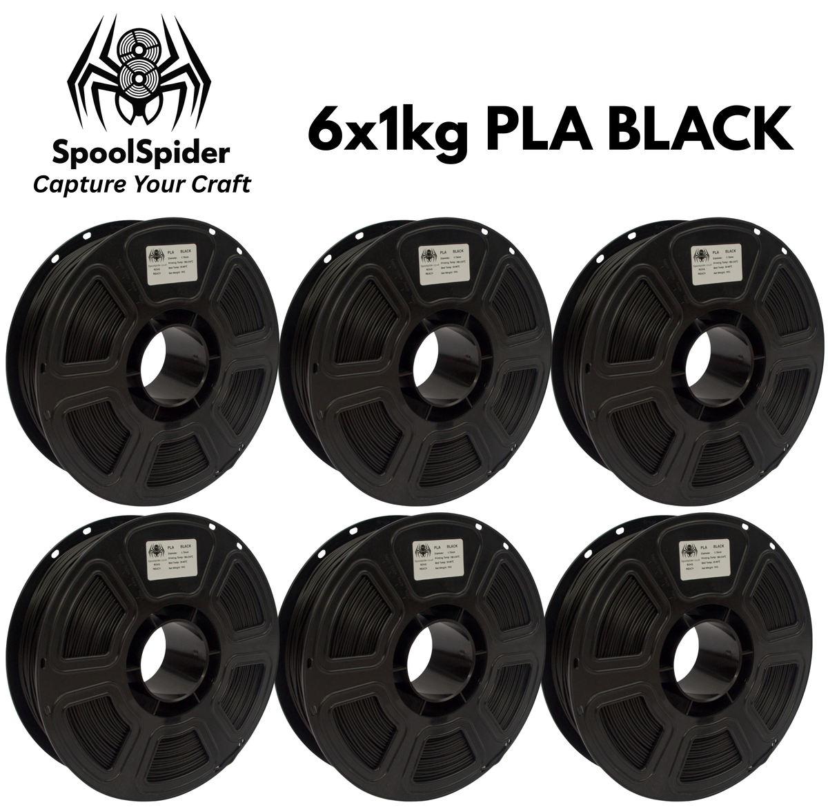 SpoolSpider 6x1kg PLA Black/White/Grey Bundle 3D Printer Filament 1.75mm