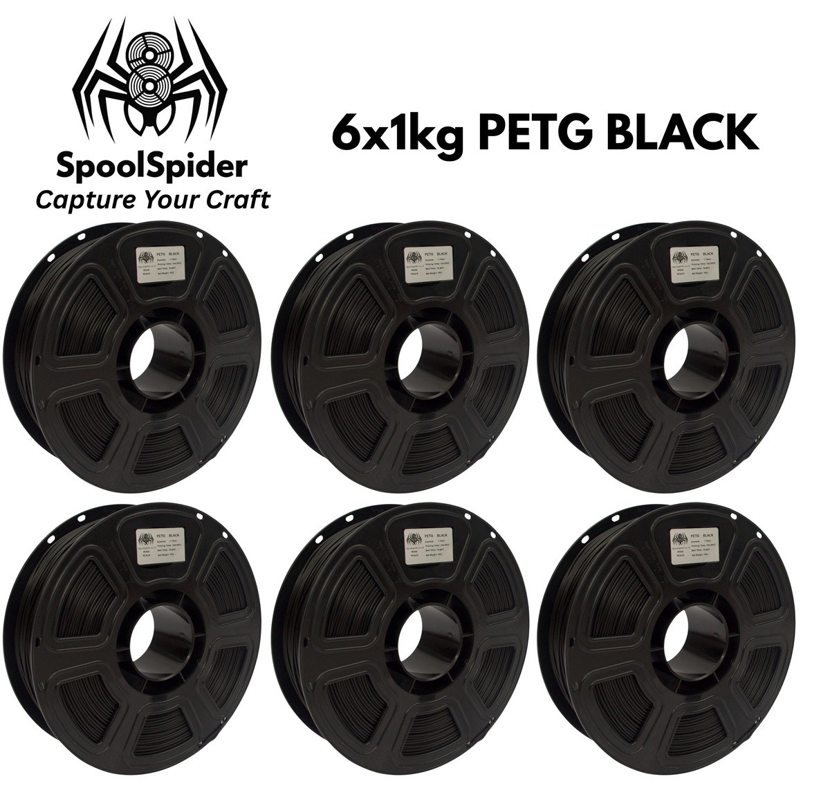 SpoolSpider PETG 6x1kg Black/White Bundle 3D Printer Filament 1.75mm