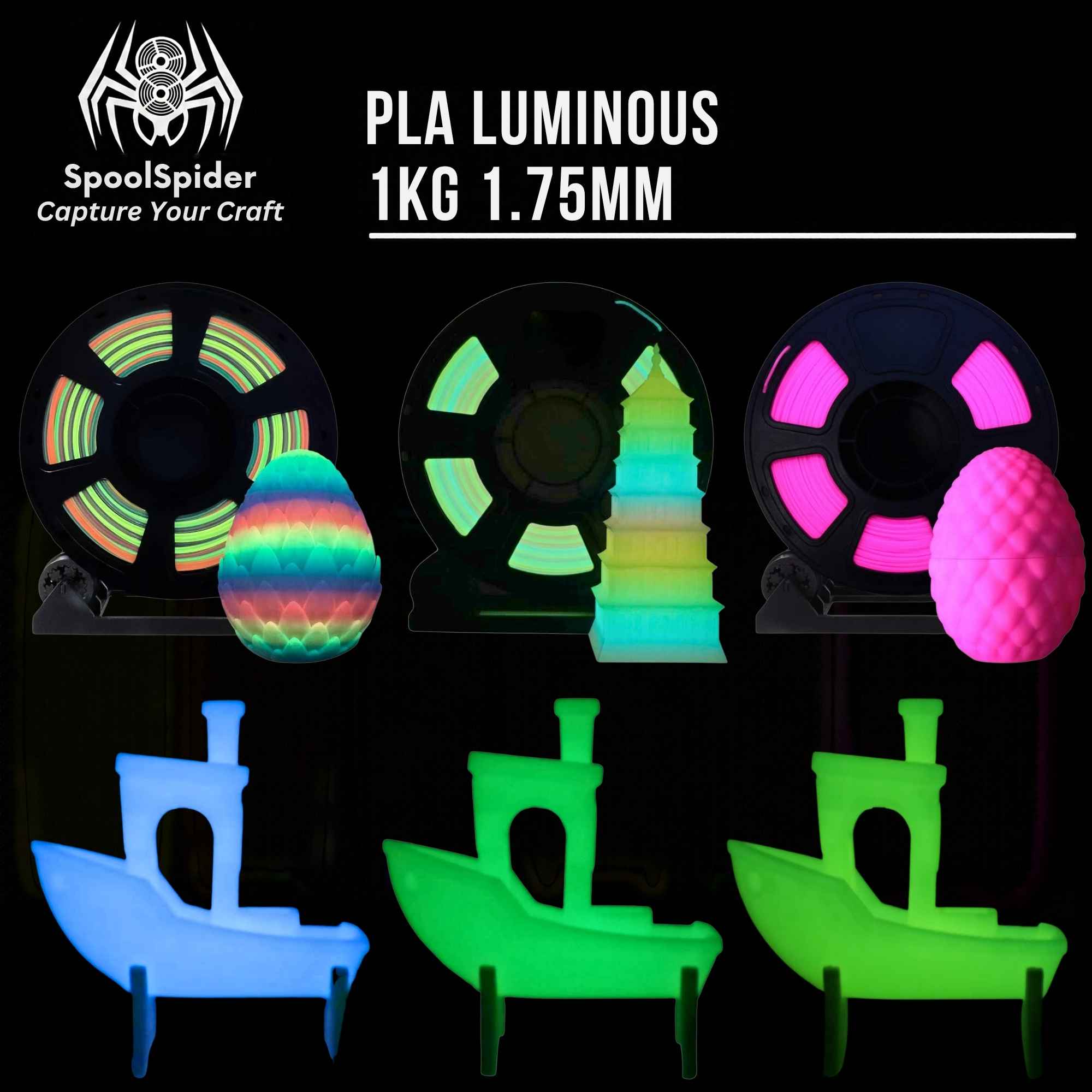 Three glowing PLA plastic craft shapes displayed on black backgrounds with text reading 'PLA LUMINOUS 1KG 1.75MM' and the SpoolSpider brand logo.