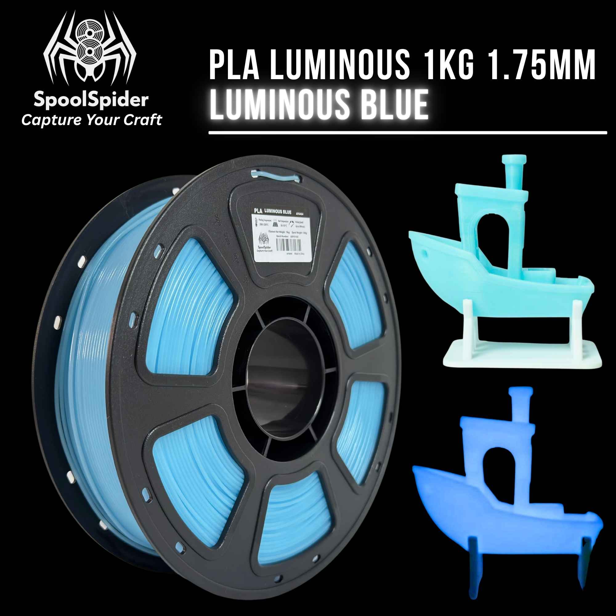 A spool of PLA luminous 1KG 1.75mm filament in luminous blue, shown alongside two small 3D-printed boat models demonstrating the glow effect, on a black background with the SpoolSpider brand logo.