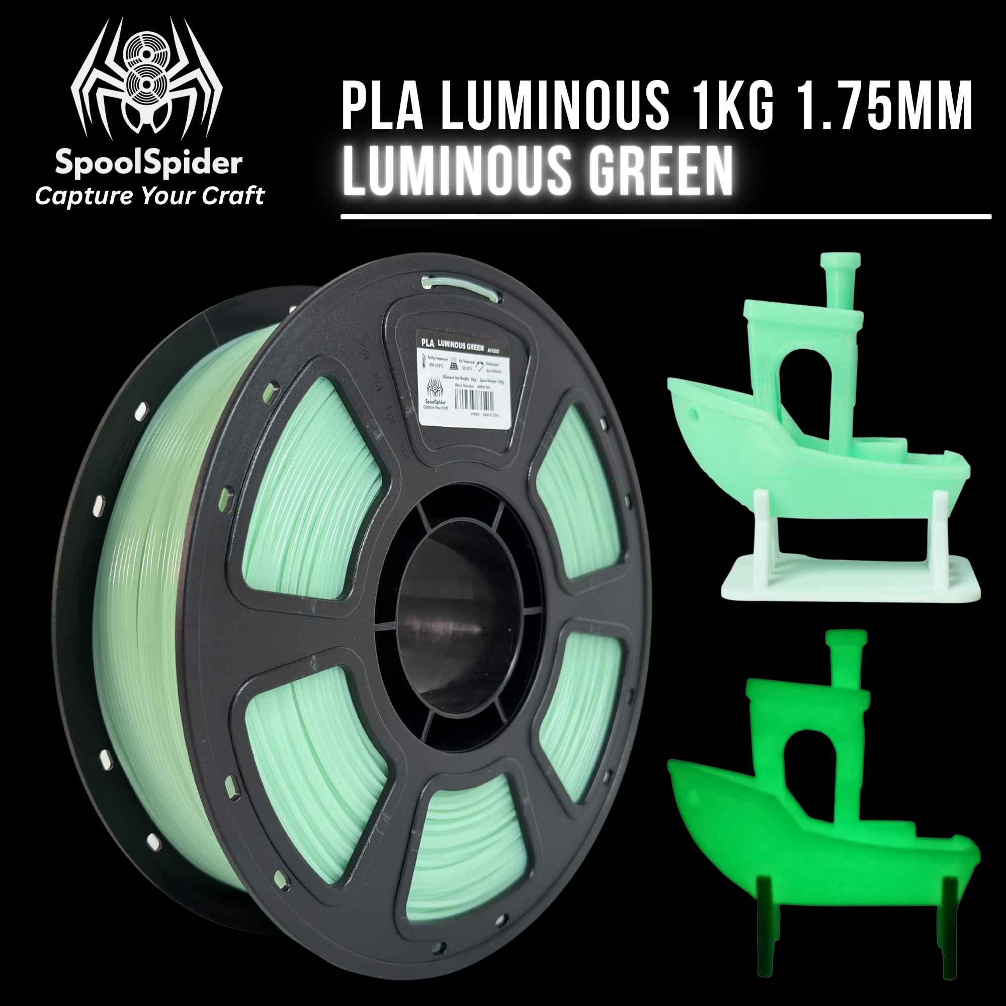 A spool of PLA luminous 1KG 1.75mm filament in luminous green, shown alongside 3D boat models demonstrating its glow-in-the-dark effect, on a black background with the brand SpoolSpider.