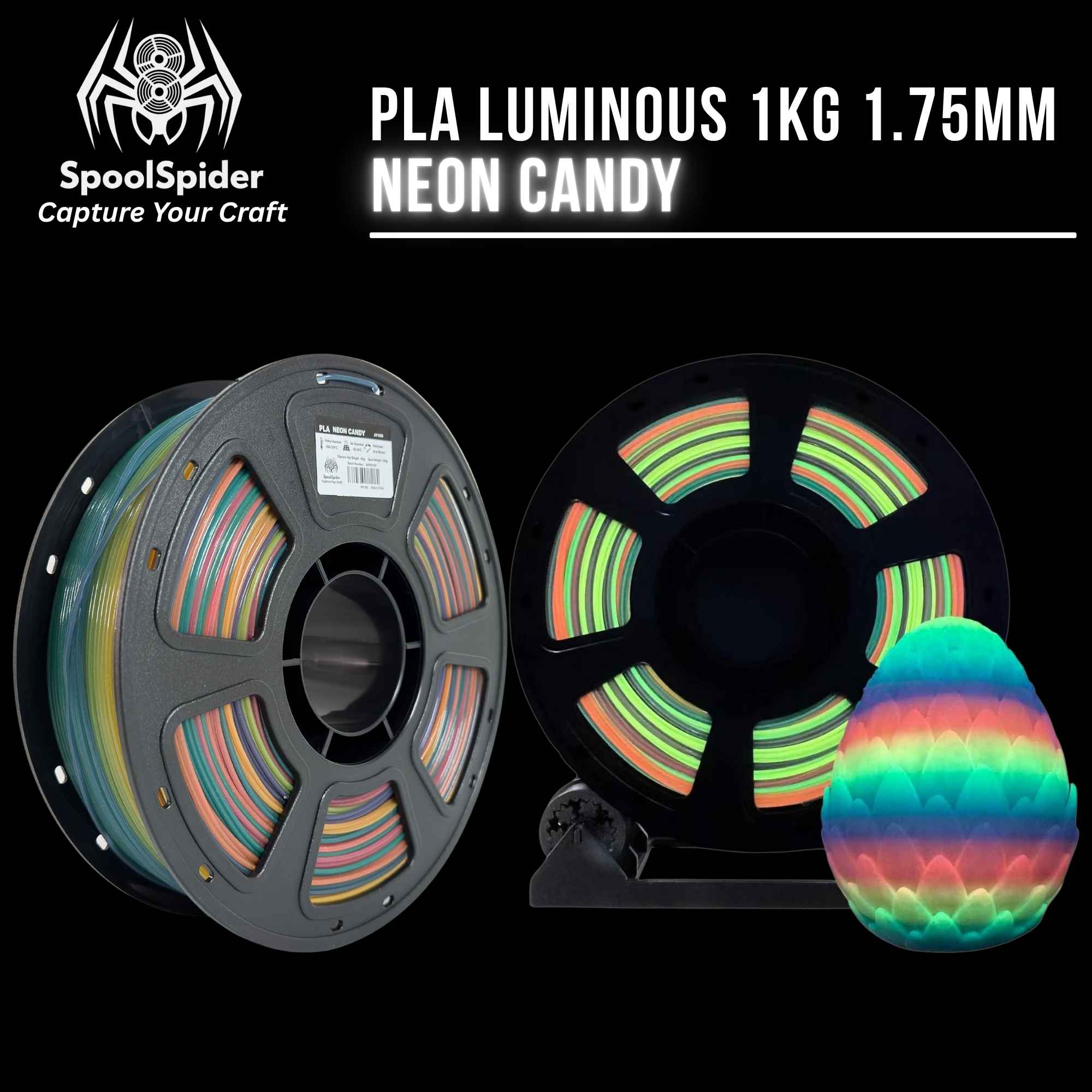SpoolSpider PLA Luminous 1KG 1.75mm Neon Candy filament shown on black spools with a glowing multicolor egg-shaped sample, on a black background with product text.