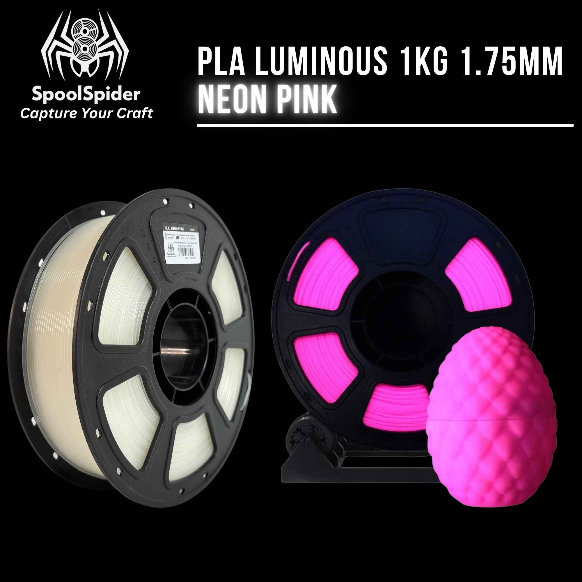 SpoolSpider PLA Luminous 1KG 1.75mm Neon Pink 3D printing filament shown on a black background, with two spools and a glowing pink textured egg-shaped print sample.