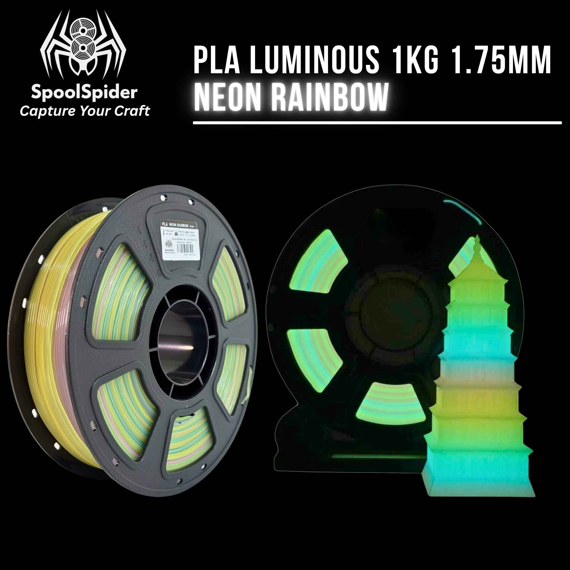 SpoolSpider PLA Luminous 1KG 1.75mm Neon Rainbow 3D printer filament shown on a black background, with the spool wound in yellow-green tones and a glowing multicolor sample tower beside it.
