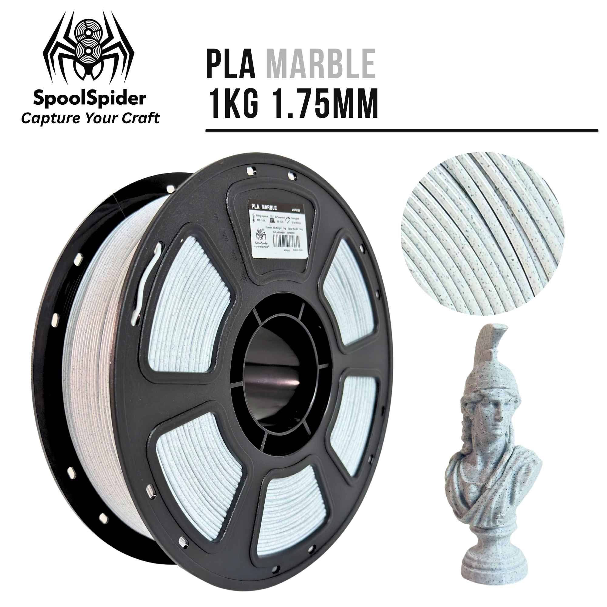 SpoolSpider PLA Marble 1.75mm 1KG filament on a black spool, shown alongside a circular close-up of the filament texture and a small 3D-printed bust example.