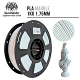 SpoolSpider PLA Marble 1.75mm 1KG filament on a black spool, shown alongside a circular close-up of the filament texture and a small 3D-printed bust example.