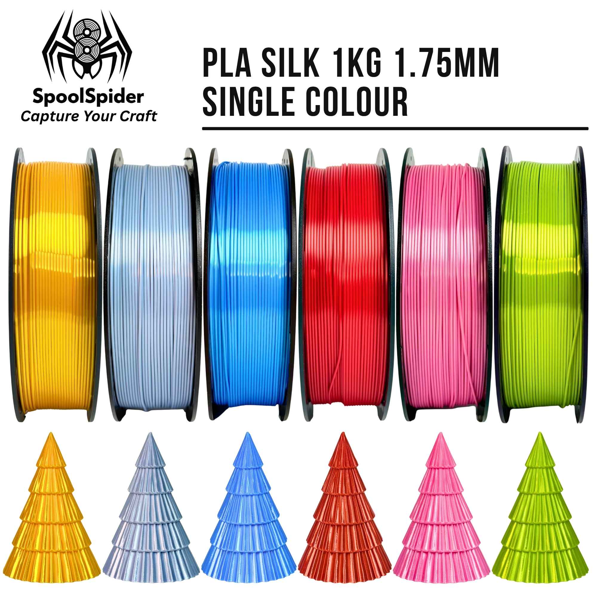 Six SpoolSpider PLA Silk 3D printer filament spools, 1kg, 1.75mm, in assorted colours, with matching printed Christmas trees.