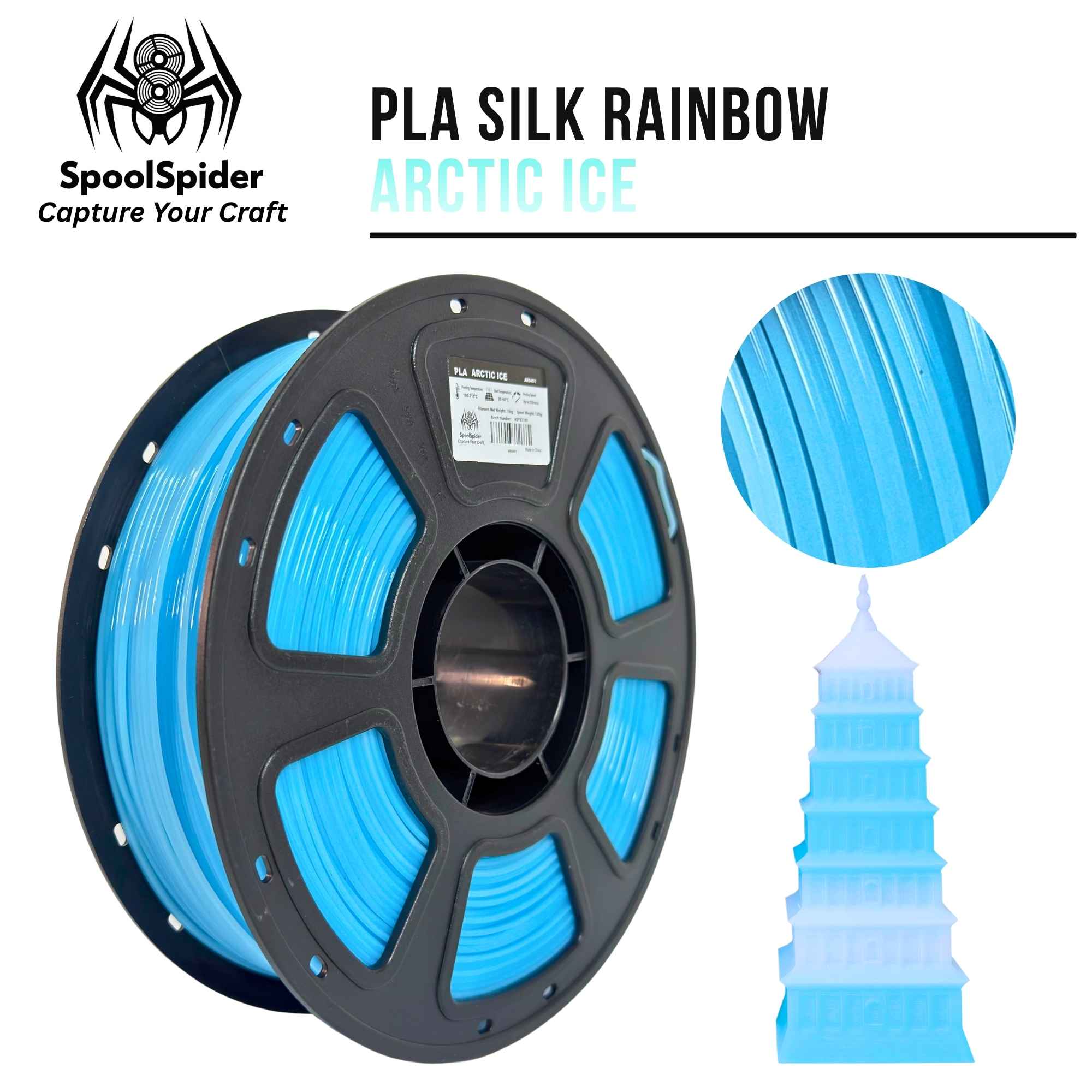 SpoolSpider Arctic Ice PLA Silk Rainbow 3D printer filament, 1kg, 1.75mm, in blue and white, with a printed tower.
