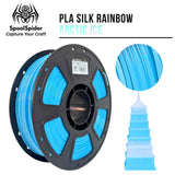SpoolSpider Arctic Ice PLA Silk Rainbow 3D printer filament, 1kg, 1.75mm, in blue and white, with a printed tower.
