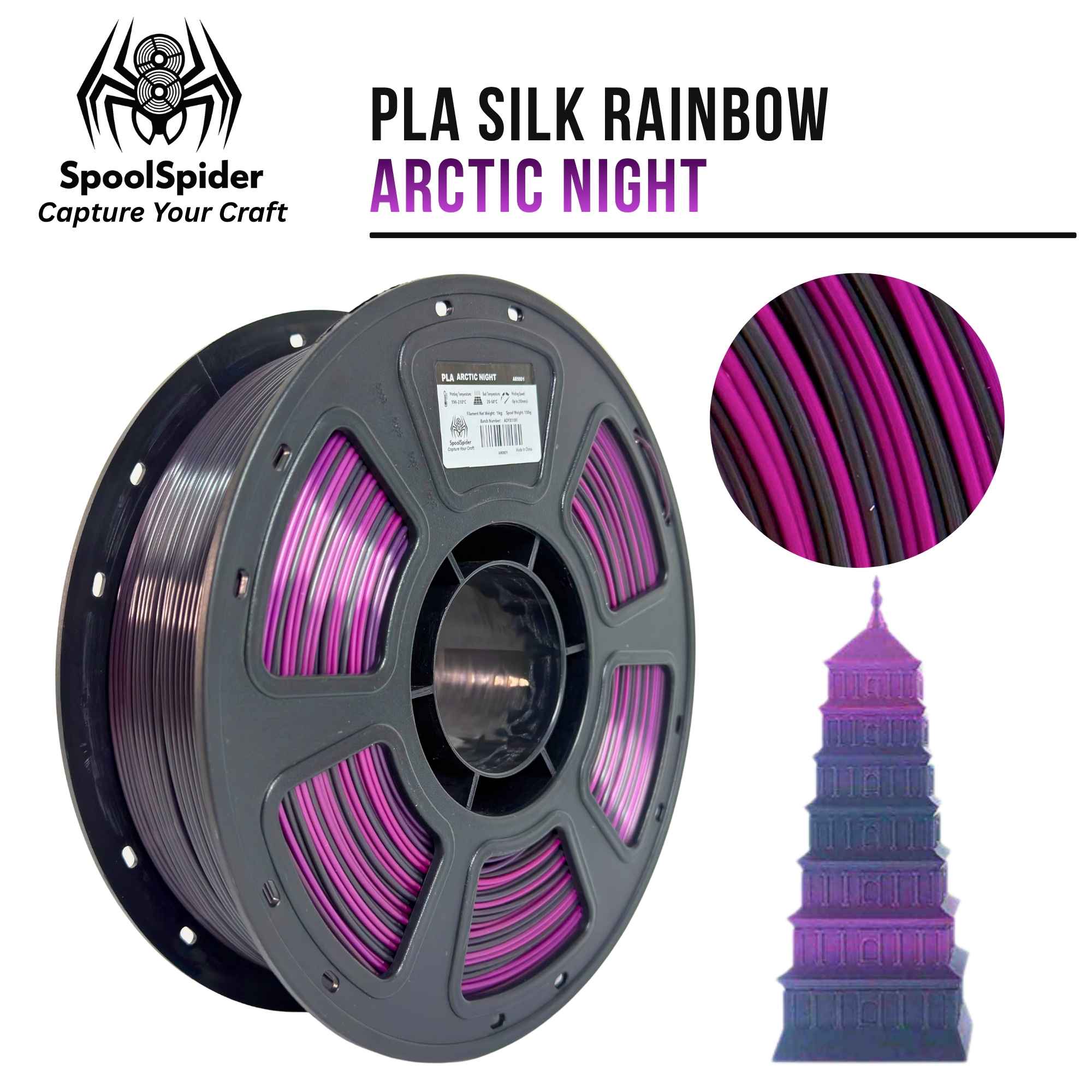 SpoolSpider Arctic Night PLA Silk Rainbow 3D printer filament, 1kg, 1.75mm, in purple and black, with a printed tower.