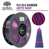 SpoolSpider Arctic Night PLA Silk Rainbow 3D printer filament, 1kg, 1.75mm, in purple and black, with a printed tower.