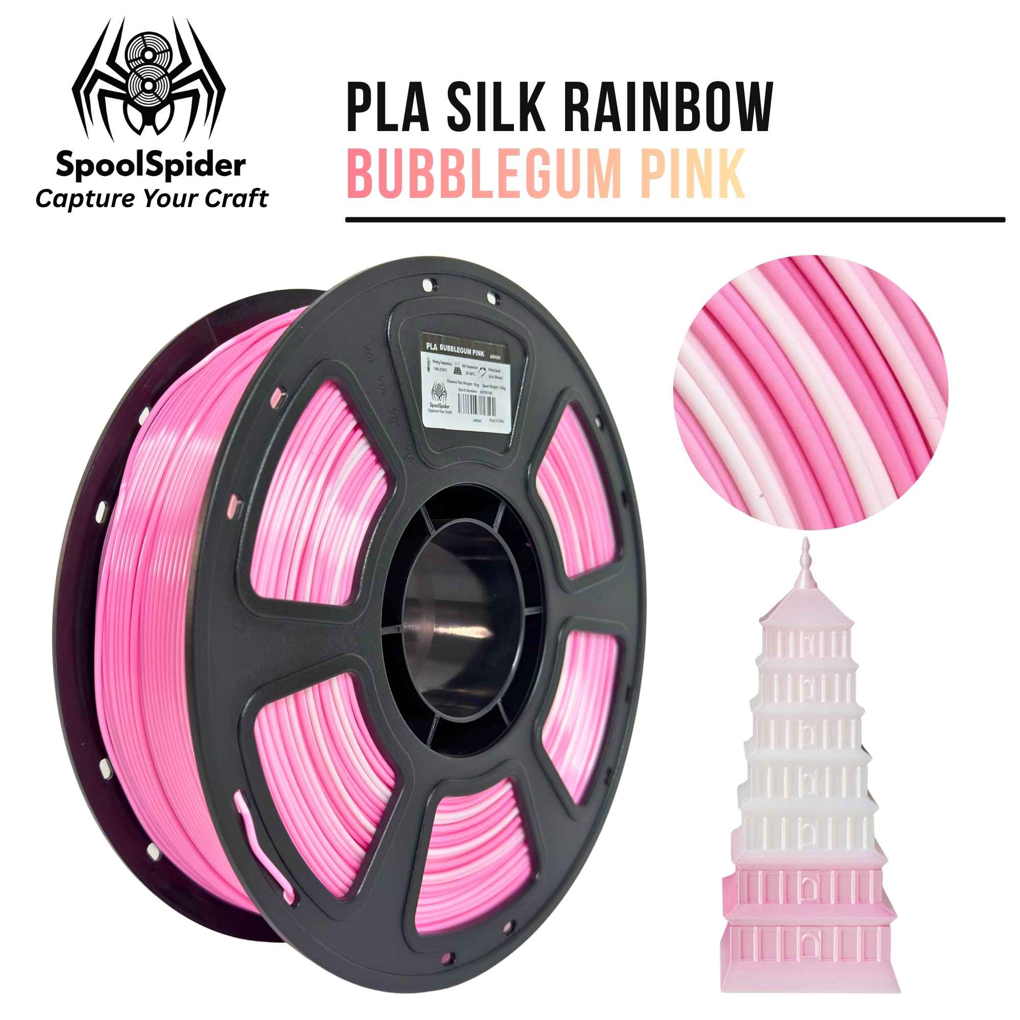 SpoolSpider Bubblegum Pink PLA Silk Rainbow 3D printer filament, 1kg, 1.75mm, in pink and white, with a printed tower.