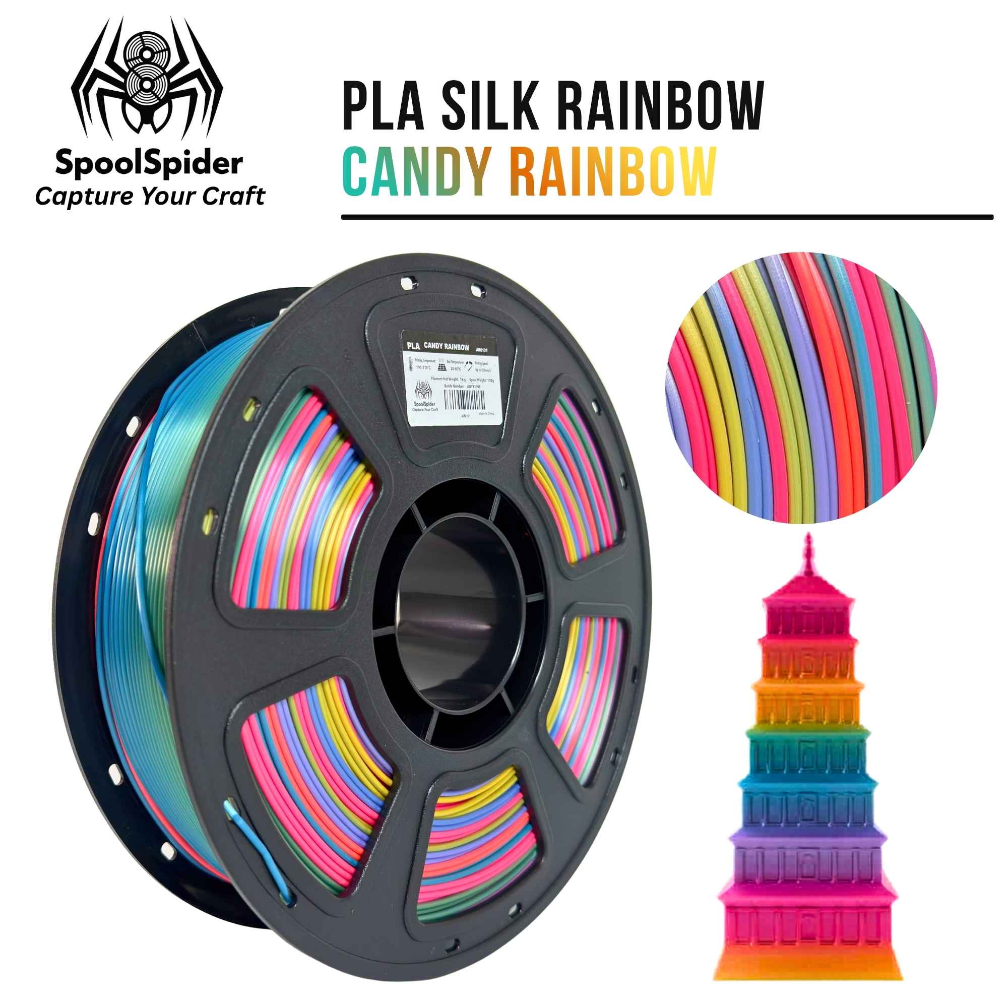 SpoolSpider Candy Rainbow PLA Silk filament spool in vibrant rainbow colours, with a matching 3D-printed tower.