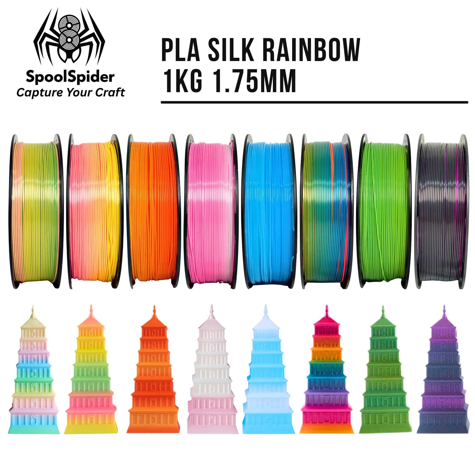 Eight SpoolSpider PLA Silk Rainbow 3D printer filament spools, 1kg, 1.75mm, in assorted colours, with printed towers.