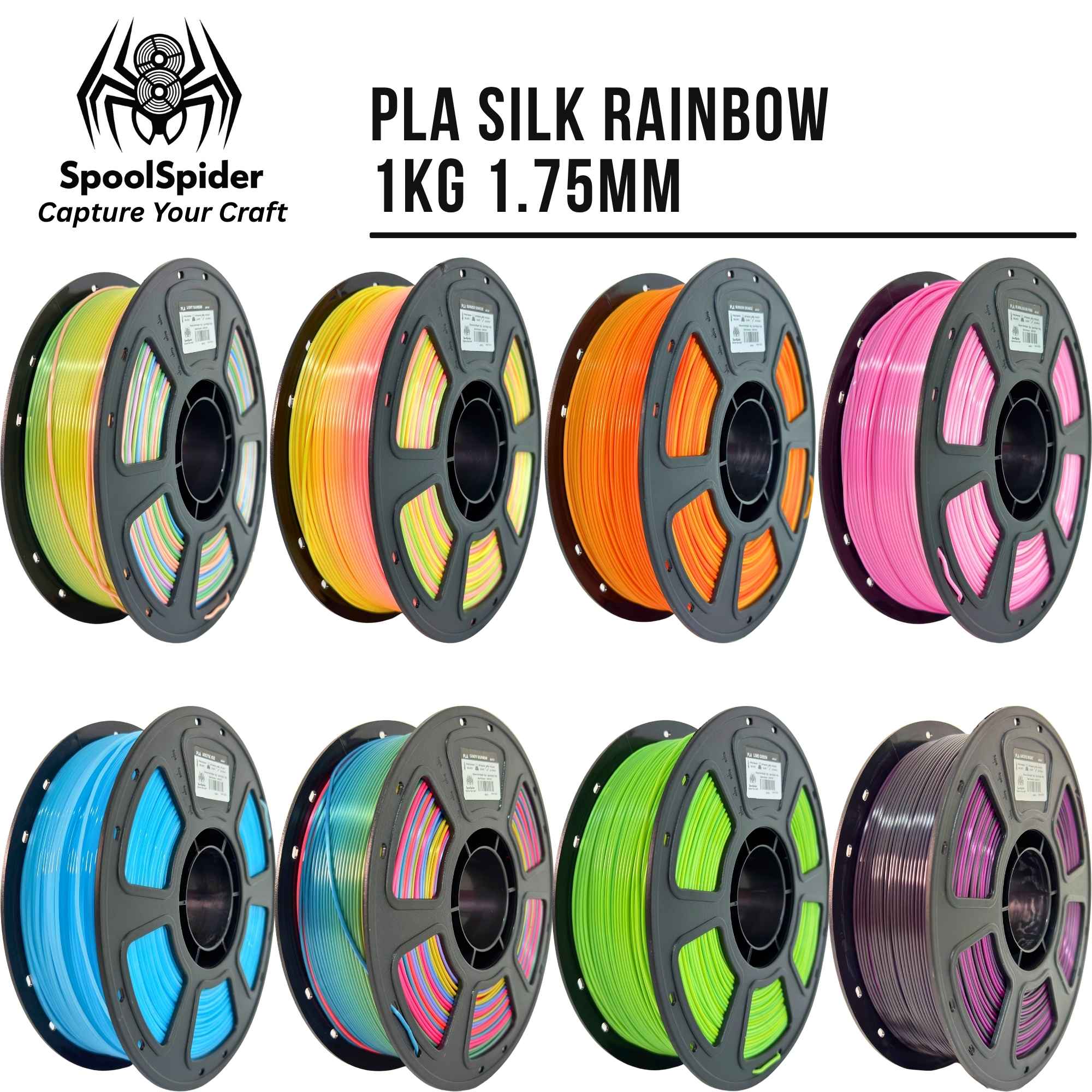 Eight SpoolSpider PLA Silk Rainbow 3D printer filament spools, 1kg, 1.75mm, in assorted colours, arranged in two rows. 
