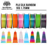 Eight SpoolSpider PLA Silk Rainbow 3D printer filament spools, 1kg, 1.75mm, in assorted colours, with printed towers.