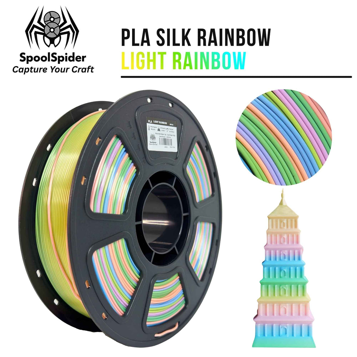 SpoolSpider Light Rainbow PLA Silk 3D printer filament, 1kg, 1.75mm, in pastel rainbow colours, with a printed tower.
