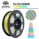 SpoolSpider Light Rainbow PLA Silk 3D printer filament, 1kg, 1.75mm, in pastel rainbow colours, with a printed tower.