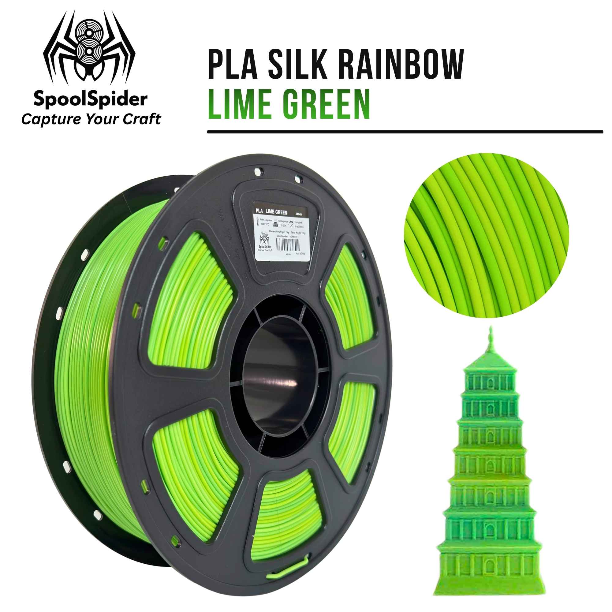SpoolSpider Lime Green PLA Silk Rainbow 3D printer filament, 1kg, 1.75mm, in green gradients, with a printed tower.