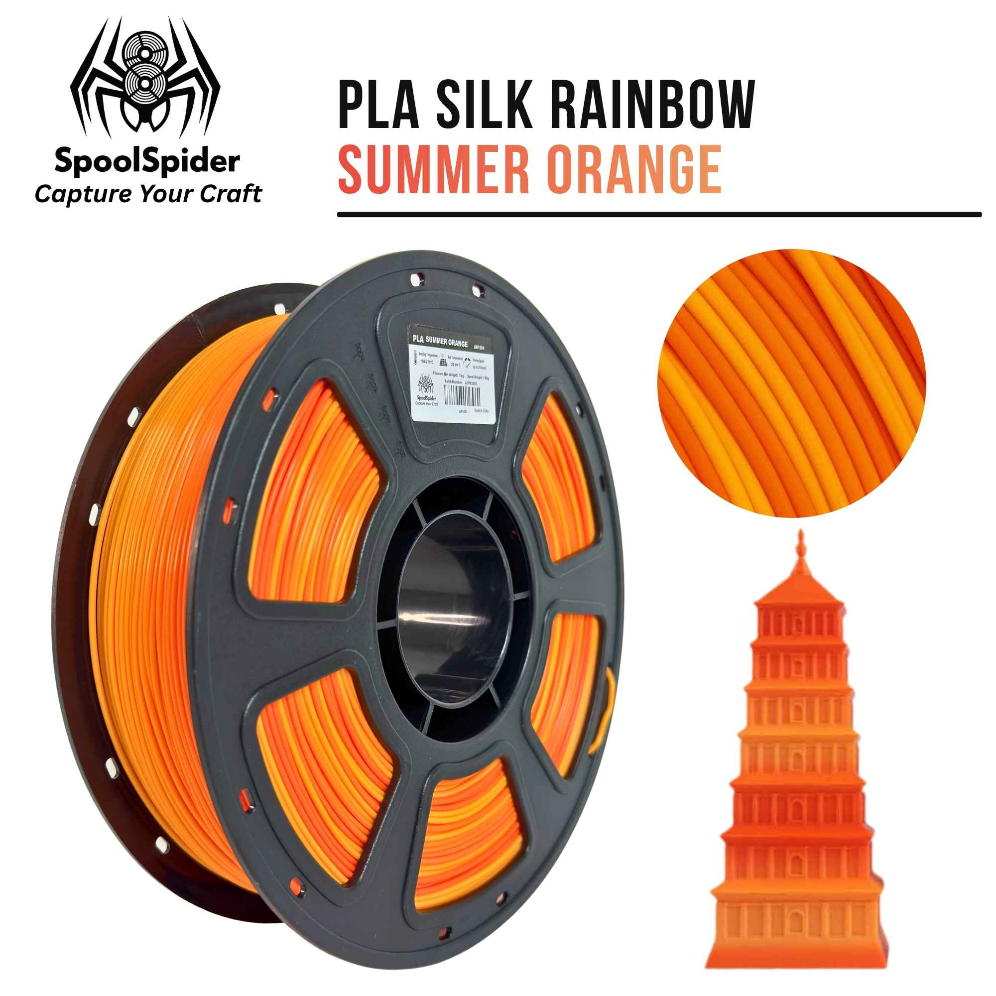 SpoolSpider Summer Orange PLA Silk Rainbow 3D printer filament, 1kg, 1.75mm, in orange gradients, with a printed tower.