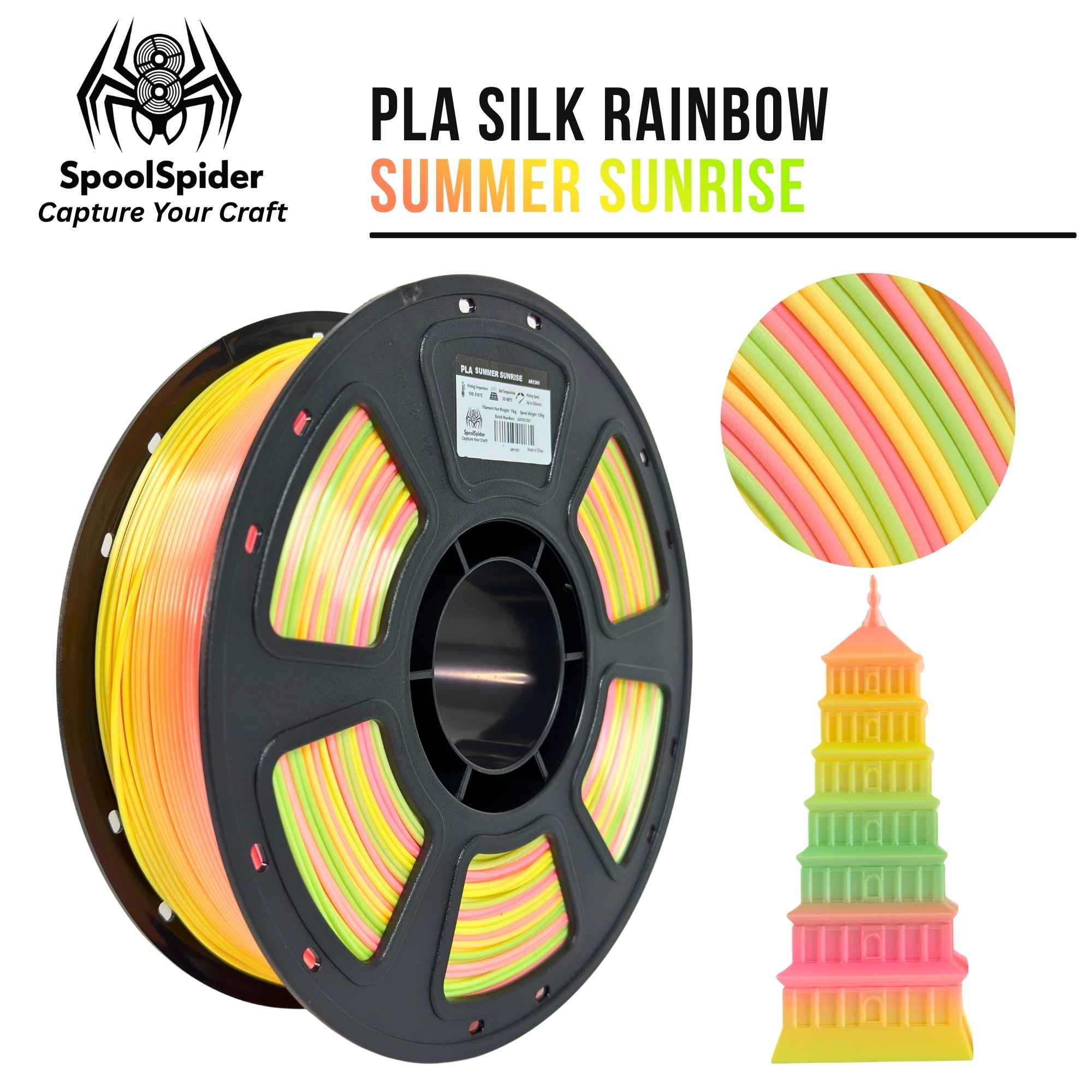 SpoolSpider Summer Sunrise PLA Silk Rainbow 3D printer filament, 1kg, 1.75mm, in yellow, pink and green, with a printed tower.