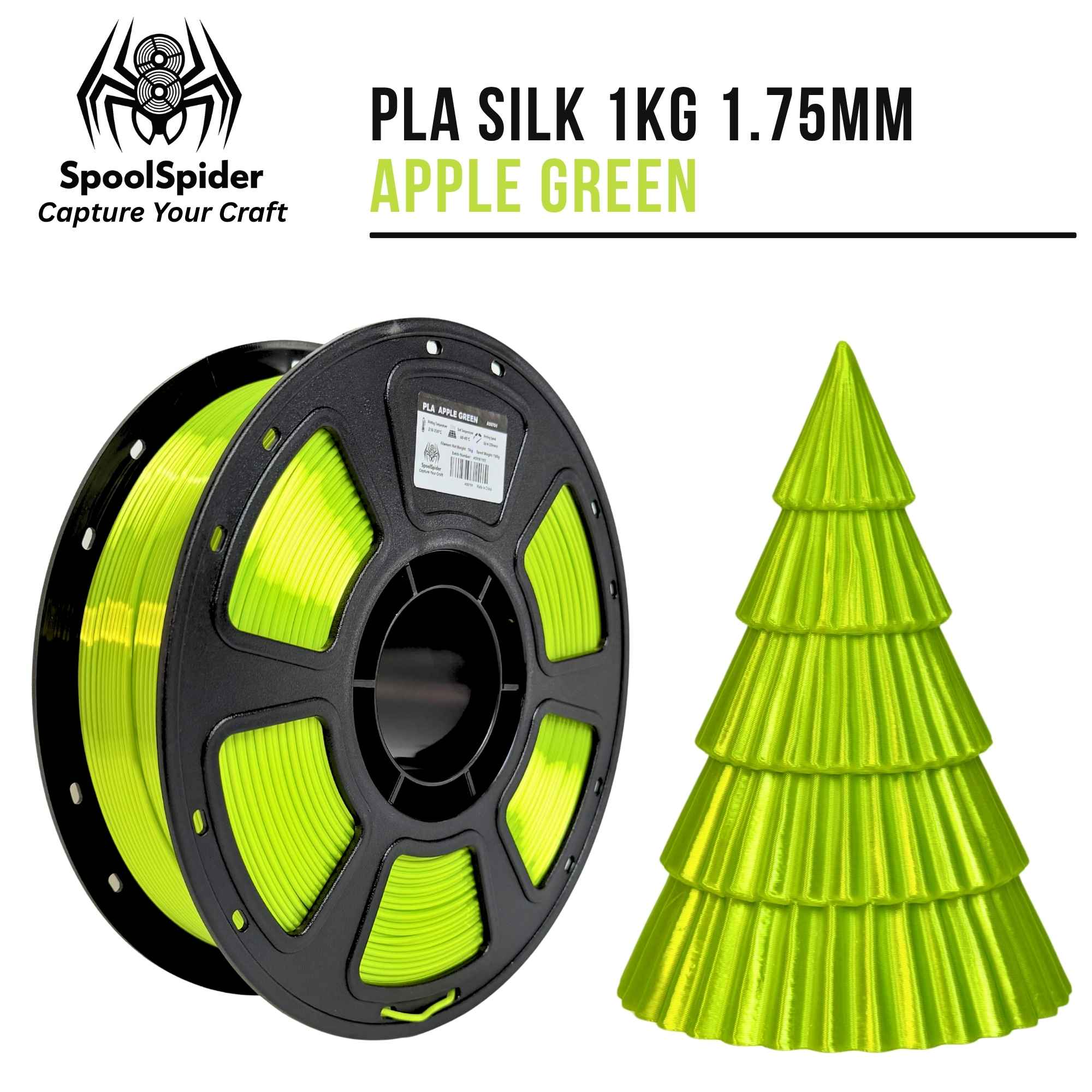 SpoolSpider Apple Green PLA Silk 3D printer filament spool, 1kg, 1.75mm, with a matching printed Christmas tree.