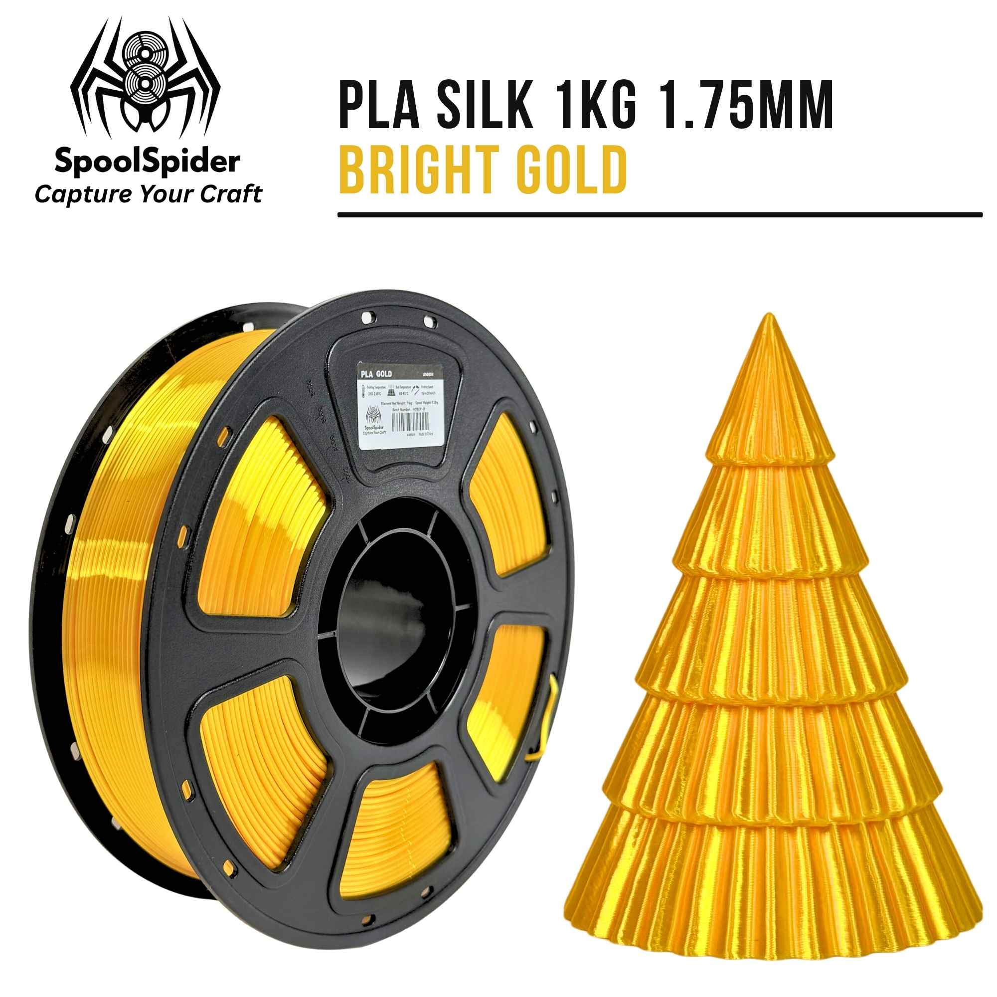 SpoolSpider Bright Gold PLA Silk 3D printer filament spool, 1kg, 1.75mm, with a matching printed Christmas tree.
