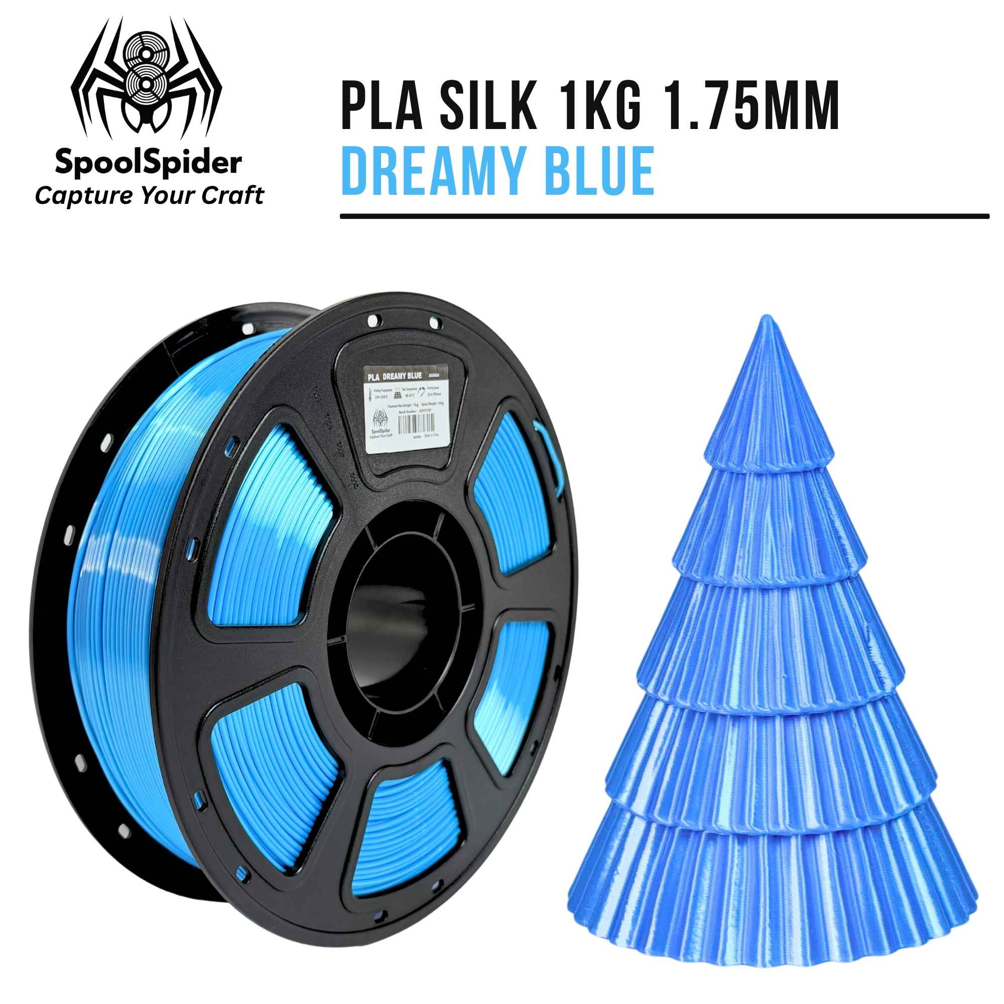 SpoolSpider Dreamy Blue PLA Silk 3D printer filament spool, 1kg, 1.75mm, with a matching printed Christmas tree.