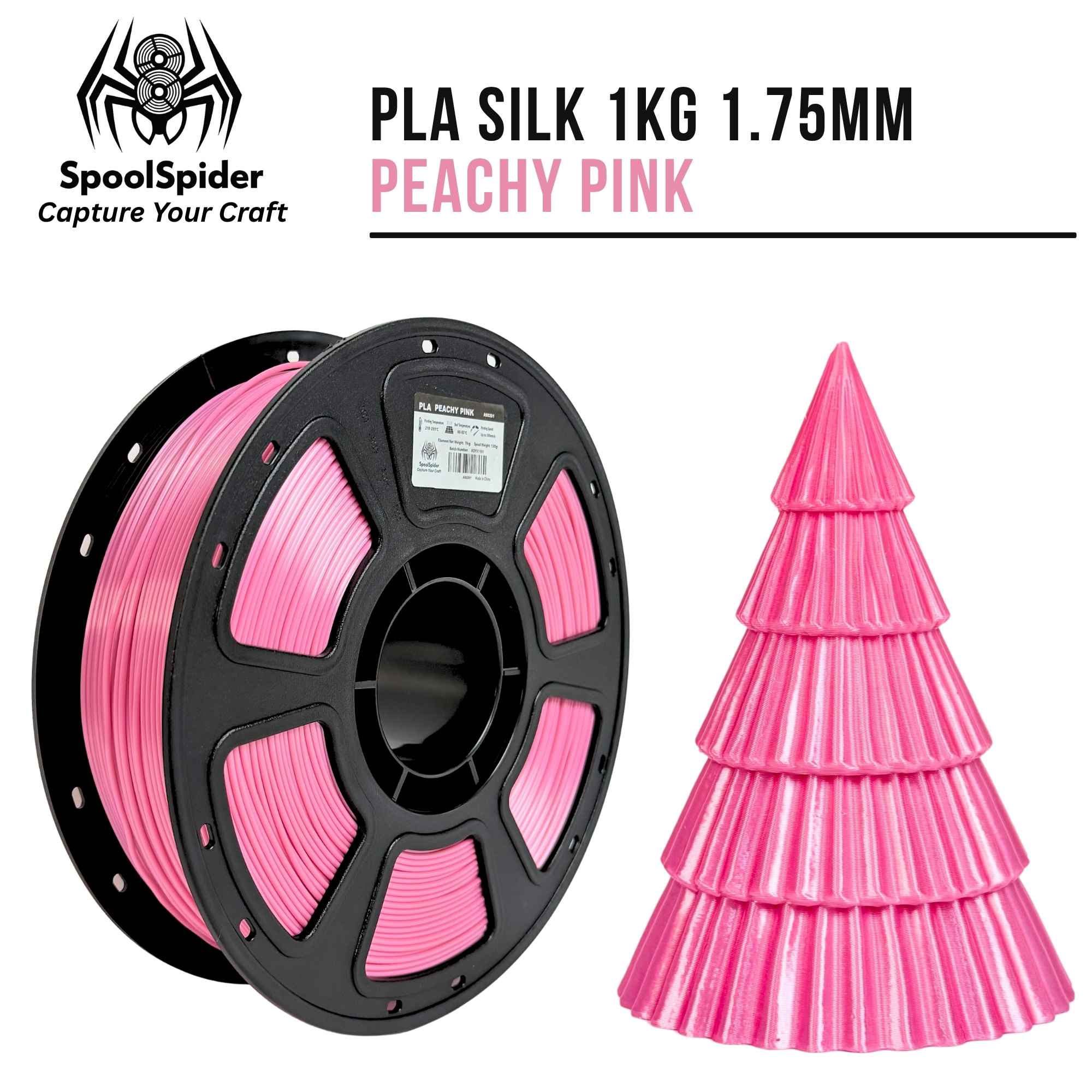  SpoolSpider Peachy Pink PLA Silk 3D printer filament spool, 1kg, 1.75mm, with a matching printed Christmas tree.