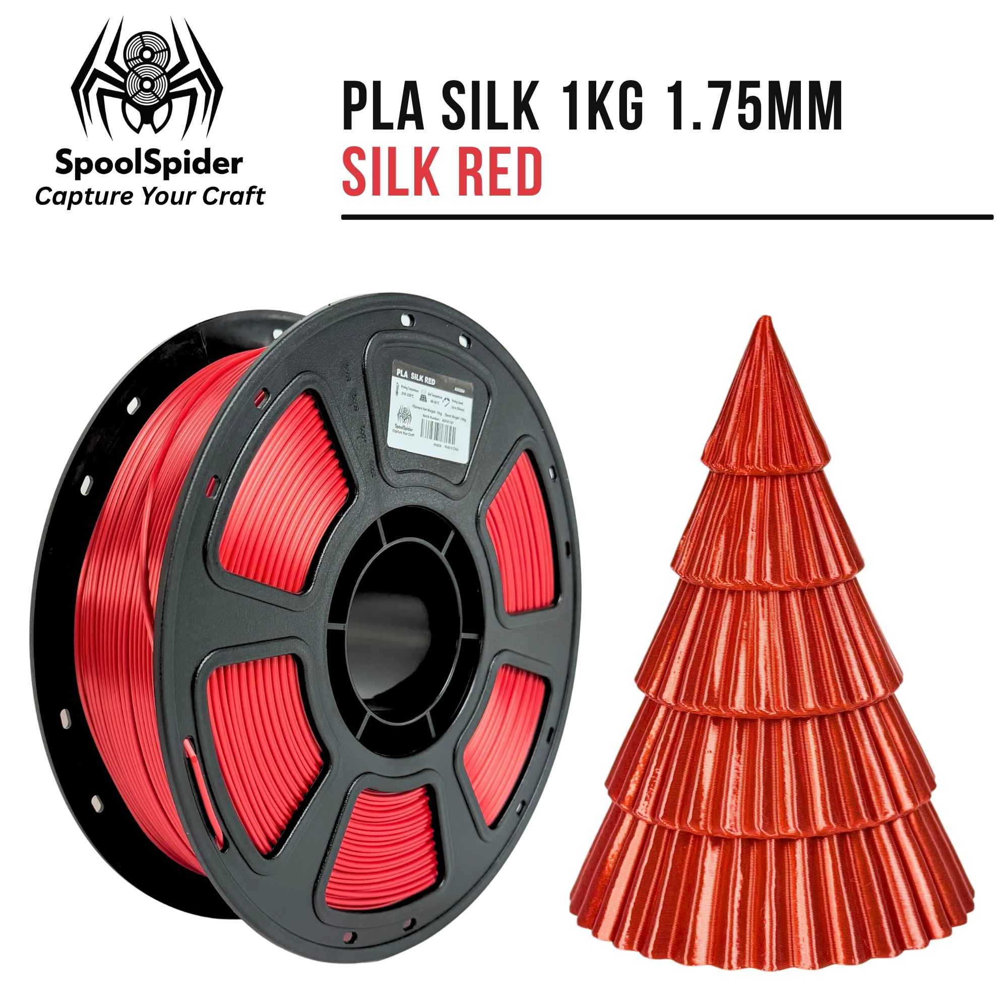 SpoolSpider PLA Silk 1KG 1.75mm filament in Silk Red, shown on a black spool next to a decorative red cone model, on a white background with product text.