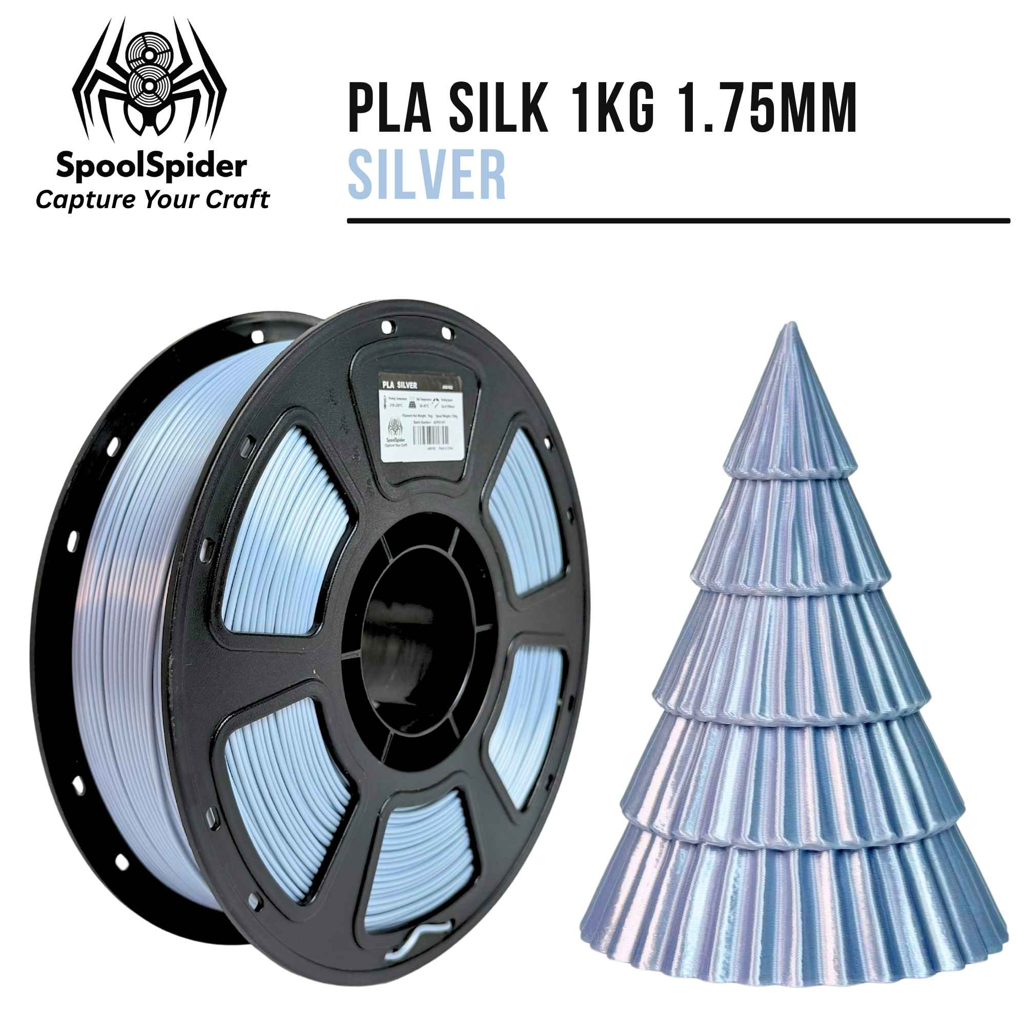 SpoolSpider Silver PLA Silk 3D printer filament spool, 1kg, 1.75mm, with a matching printed Christmas tree.