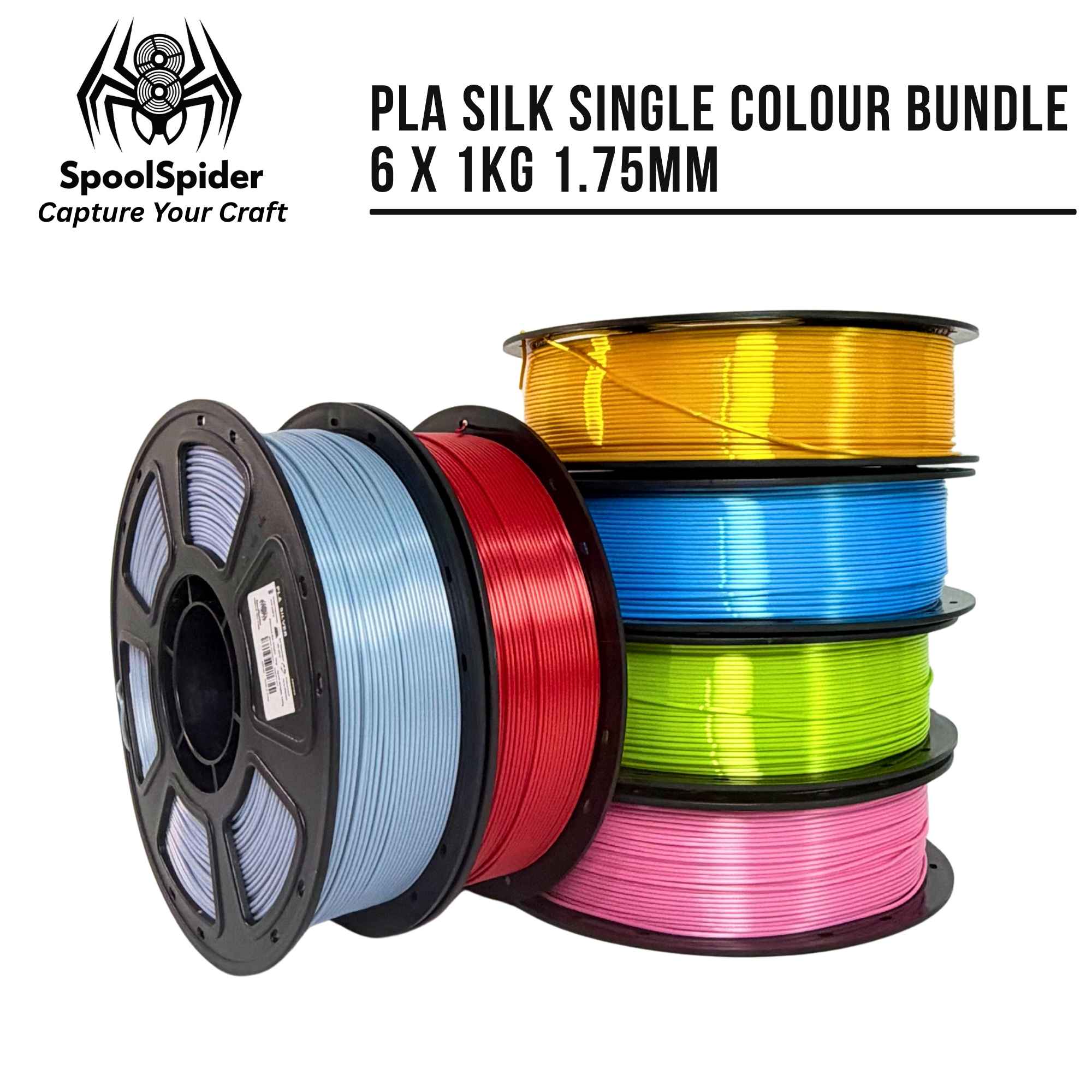 Six spools of PLA silk 3D printer filament in single colors, displayed on a white background with the brand logo 'SpoolSpider' and product text 'PLA SILK SINGLE COLOUR BUNDLE 6 X 1KG 1.75MM'.