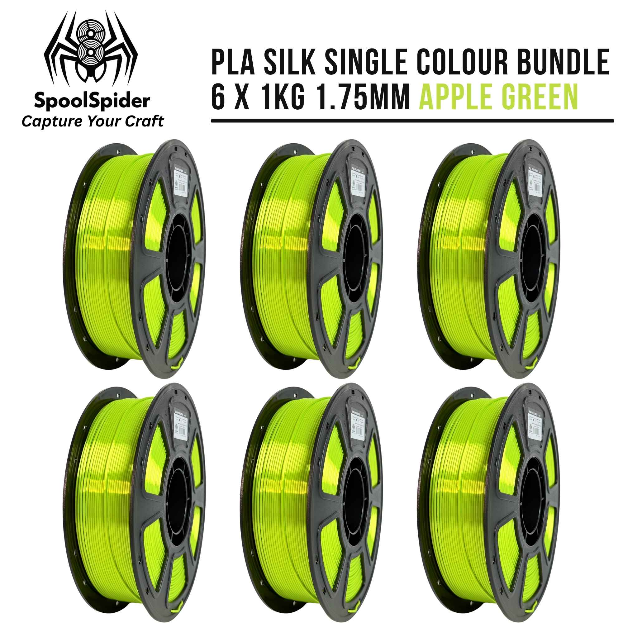 Six spools of PLA silk 3D printer filament in a bright apple green color, arranged in two rows of three on a white background. The SpoolSpider brand logo and text reading 'PLA SILK SINGLE COLOUR BUNDLE 6 X 1KG 1.