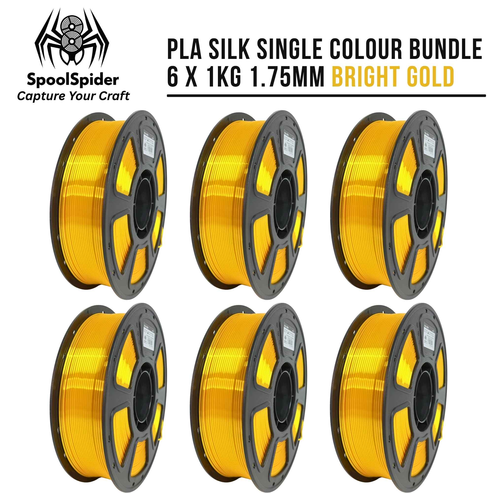 Six spools of bright gold PLA silk 3D printer filament arranged in two rows of three on a white background, with the text 'PLA SILK SINGLE COLOUR BUNDLE 6 X 1KG 1.75MM BRIGHT GOLD' and the SpoolSpider logo at the top.