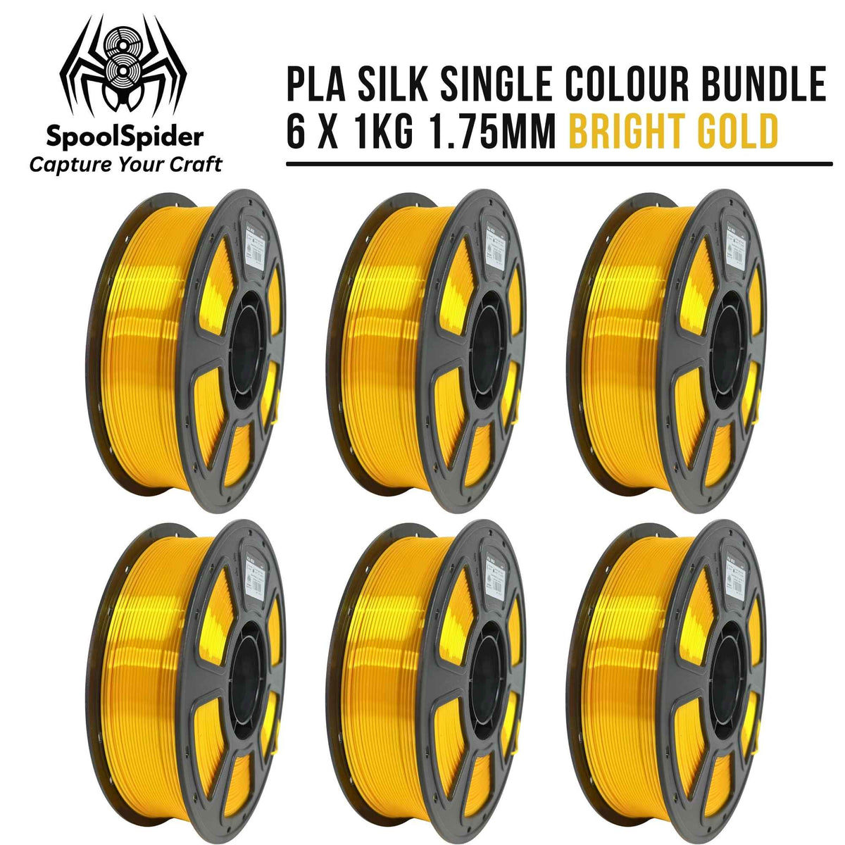 Six spools of bright gold PLA silk 3D printer filament arranged in two rows of three on a white background, with the text 'PLA SILK SINGLE COLOUR BUNDLE 6 X 1KG 1.75MM BRIGHT GOLD' and the SpoolSpider logo at the top.