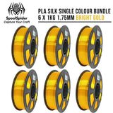 Six spools of bright gold PLA silk 3D printer filament arranged in two rows of three on a white background, with the text 'PLA SILK SINGLE COLOUR BUNDLE 6 X 1KG 1.75MM BRIGHT GOLD' and the SpoolSpider logo at the top.