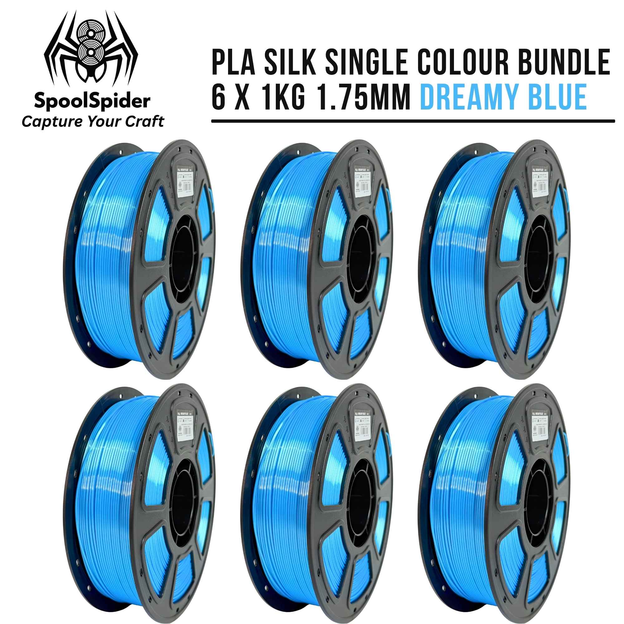 Six spools of PLA silk filament in a single color bundle, shown in a grid on a white background. The filament is a vibrant dreamy blue, wound on black spools.