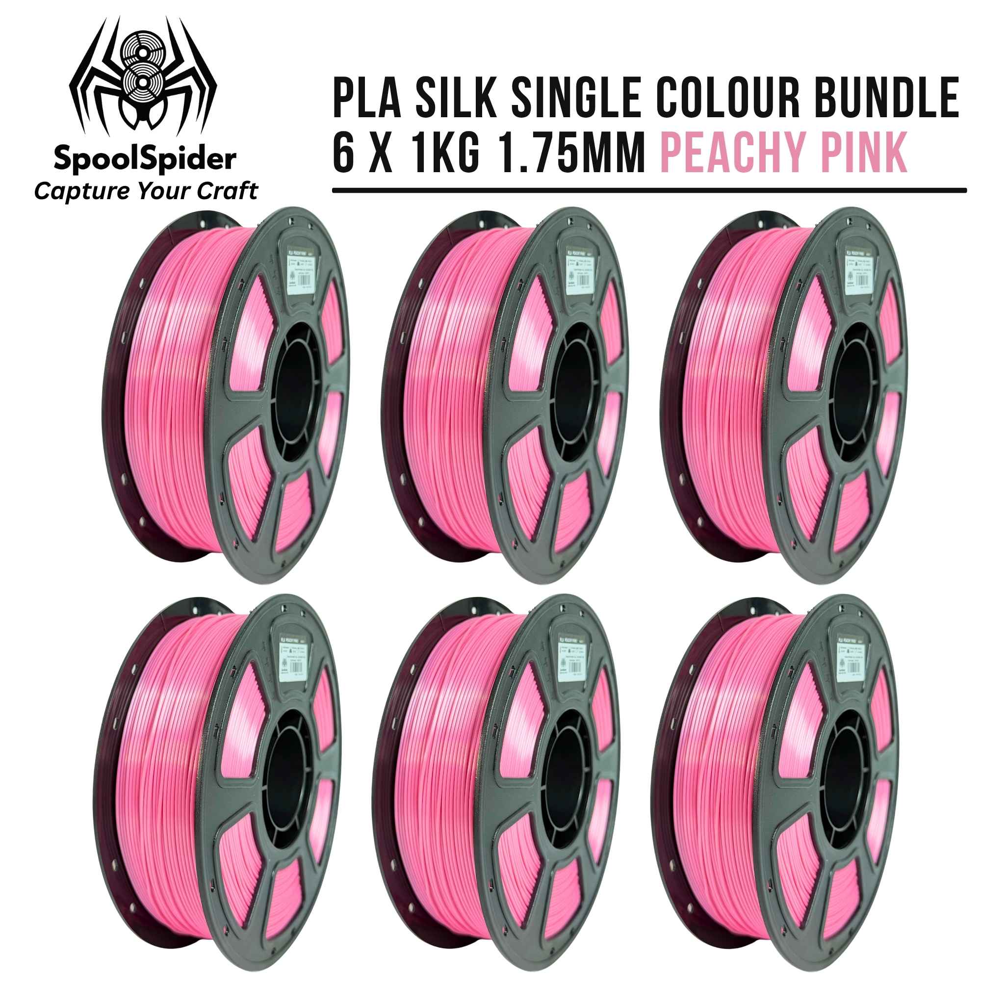 Six spools of PLA silk filament in a single peachy pink color, arranged in a 2x3 grid on a white background. The image includes branding for 'SpoolSpider' and text reading 'PLA SILK SINGLE COLOUR BUNDLE 6 X 1KG 1.