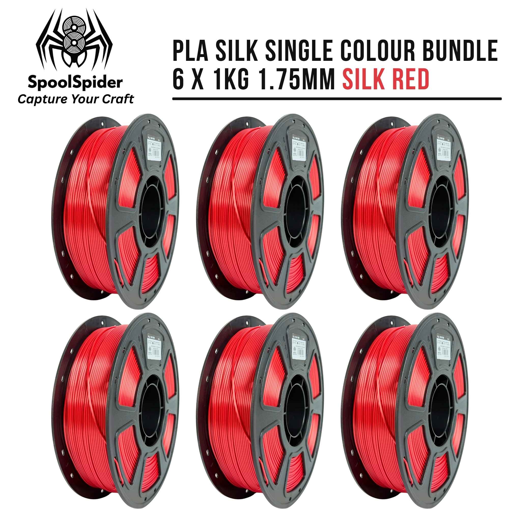 Six spools of PLA silk 3D printing filament in a single color bundle, labeled as Silk Red, arranged in a grid on a white background with the SpoolSpider brand logo and text.
