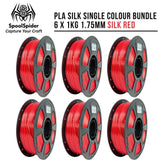 Six spools of PLA silk 3D printing filament in a single color bundle, labeled as Silk Red, arranged in a grid on a white background with the SpoolSpider brand logo and text.