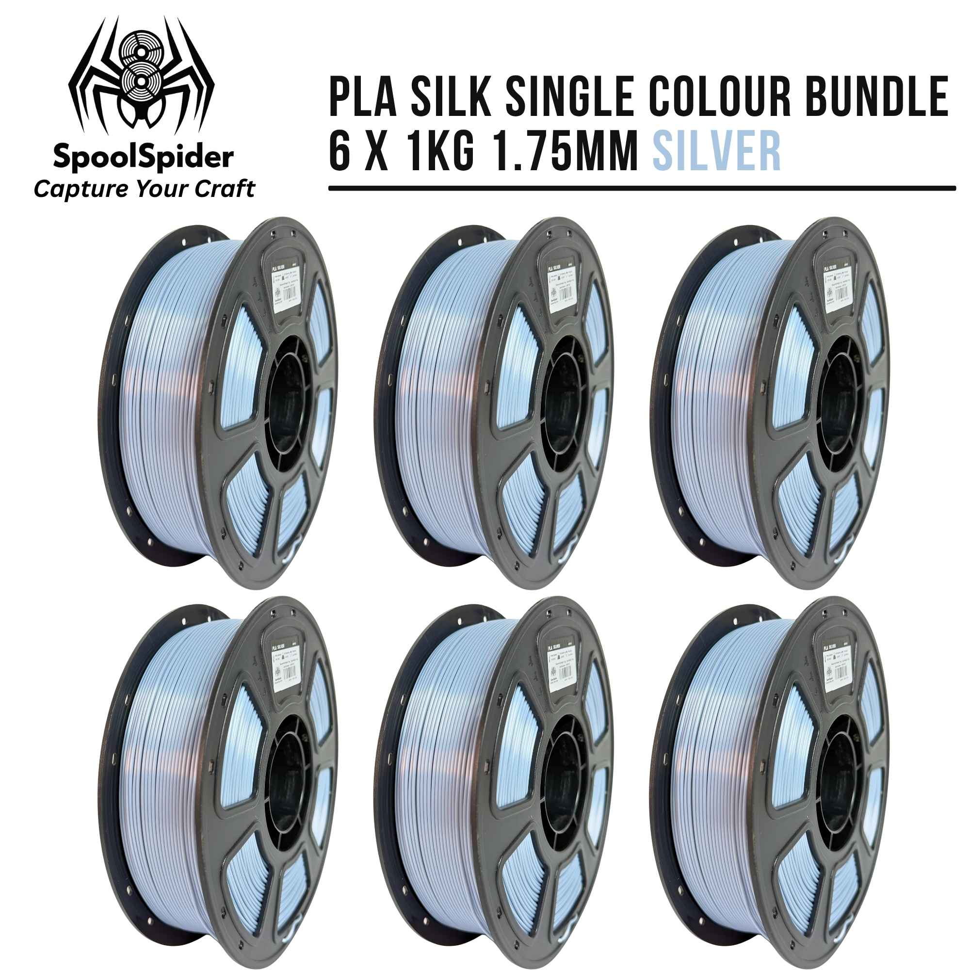 Six spools of silver PLA silk 3D printer filament arranged in two rows on a white background, with the SpoolSpider logo and text reading 'PLA SILK SINGLE COLOUR BUNDLE 6 X 1KG 1.75MM SILVER'.