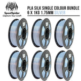 Six spools of silver PLA silk 3D printer filament arranged in two rows on a white background, with the SpoolSpider logo and text reading 'PLA SILK SINGLE COLOUR BUNDLE 6 X 1KG 1.75MM SILVER'.