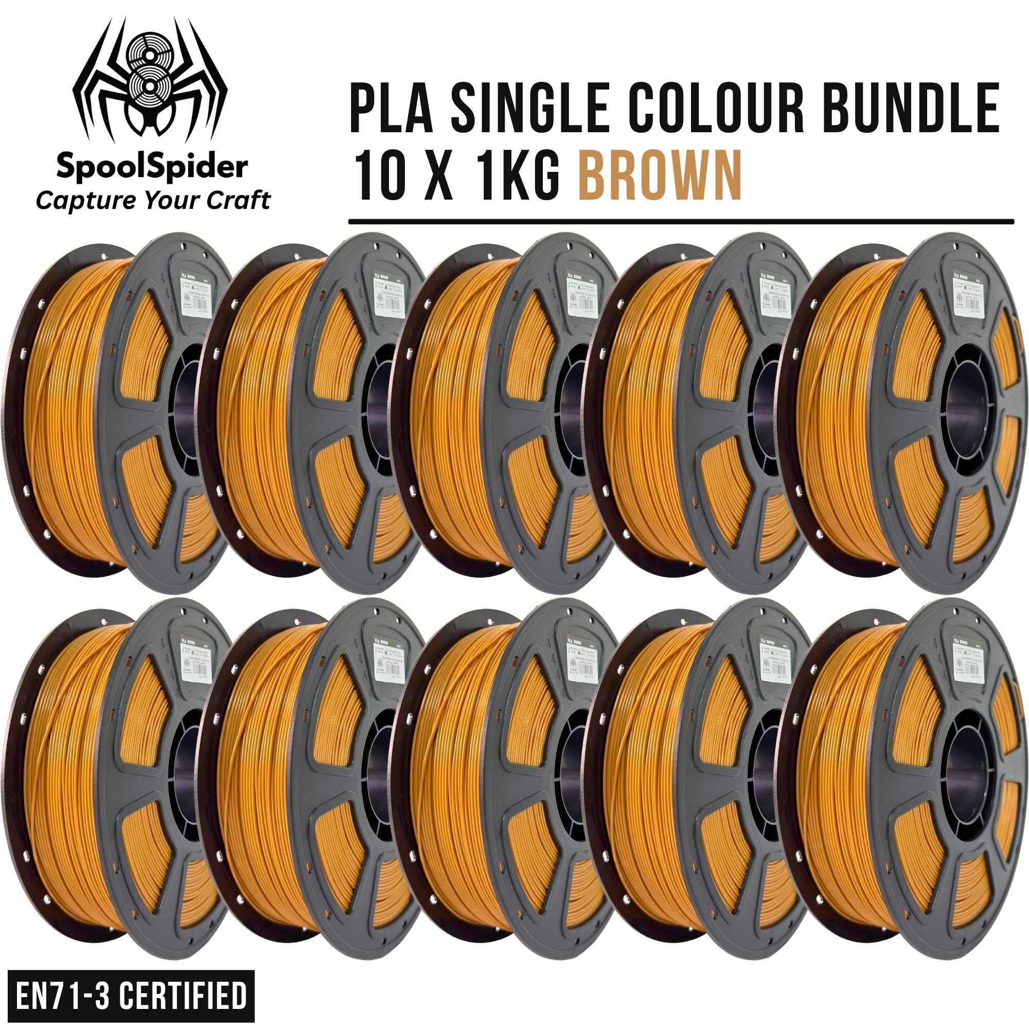Ten spools of 1kg brown PLA filament arranged in two rows on a white background, with the SpoolSpider logo, 'PLA SINGLE COLOUR BUNDLE 10 X 1KG BROWN' text, and 'EN71-3 CERTIFIED' badge.