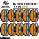 Ten spools of 1kg brown PLA filament arranged in two rows on a white background, with the SpoolSpider logo, 'PLA SINGLE COLOUR BUNDLE 10 X 1KG BROWN' text, and 'EN71-3 CERTIFIED' badge.