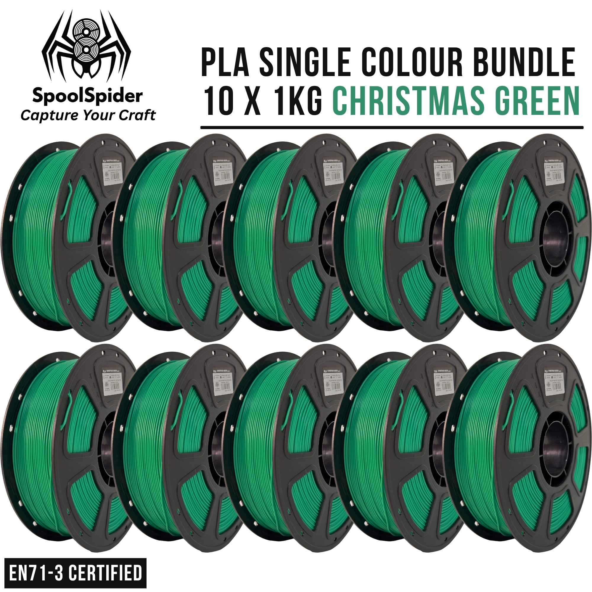 Ten spools of 1kg Christmas Green PLA filament arranged in two rows on a white background, with the SpoolSpider logo, 'PLA SINGLE COLOUR BUNDLE 10 X 1KG CHRISTMAS GREEN' text, and an 'EN71-3 CERTIFIED' badge.